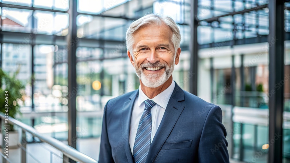 Portrait of successful senior businessman consultant looking at camera and smiling inside modern office building Portrait of successful senior businessman consultant looking at camera and smiling inside modern office building