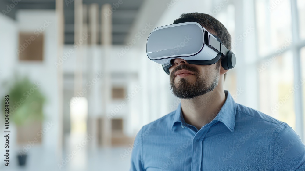 A man wearing a virtual reality headset, exploring immersive experiences in a modern interior environment. A man wearing a virtual reality headset, exploring immersive experiences in a modern interior environment.
