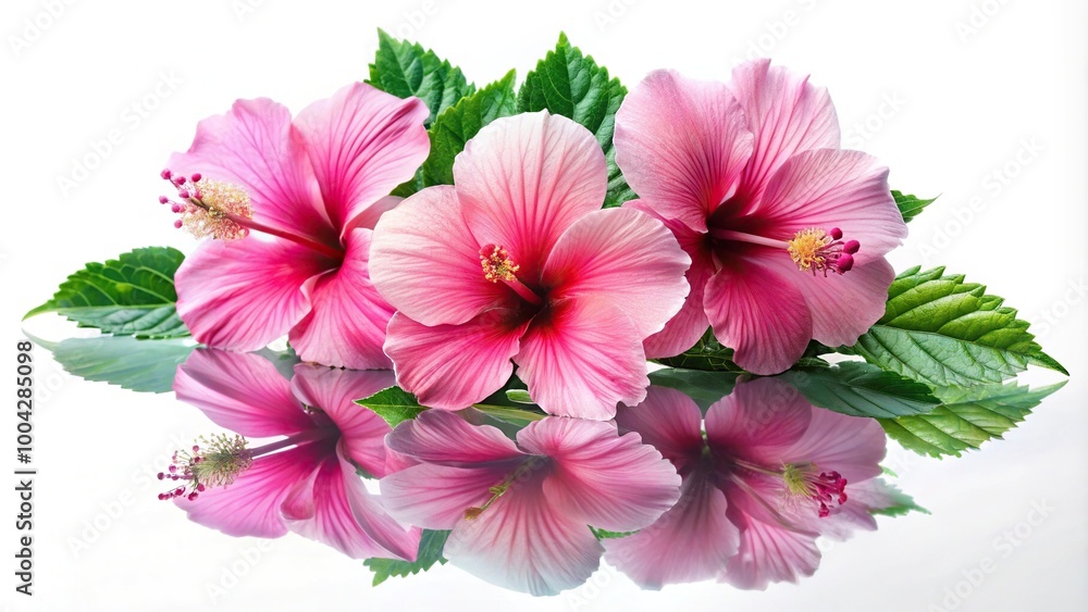 Pink hibiscus flowers with green leaves on a white background reflected Pink hibiscus flowers with green leaves on a white background reflected