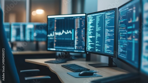 Wallpaper Mural A modern workspace featuring multiple computer monitors displaying data analytics and coding, ideal for tech and business concepts. Torontodigital.ca