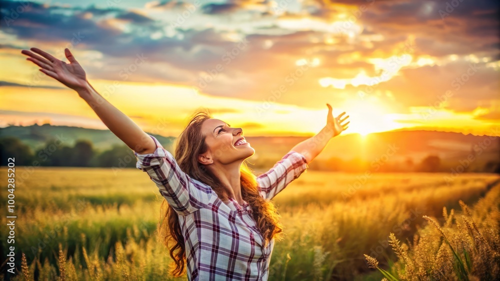 Happy and joyful woman raising arms in a rural field. Woman praising or worship in sunset Happy and joyful woman raising arms in a rural field. Woman praising or worship in sunset