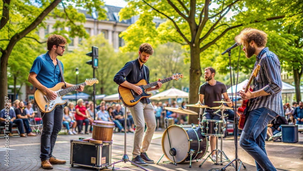Fototapeta premium Music band live performance on city street outdoor. Drums and guitar musical instrument musician, entertainment festival show, park, artist, event