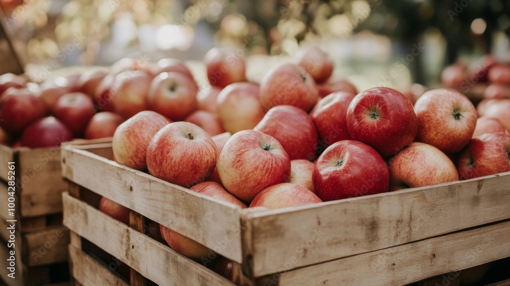 Close-up of Fresh Red Apples in a Wooden Crate Close-up of Fresh Red Apples in a Wooden Crate