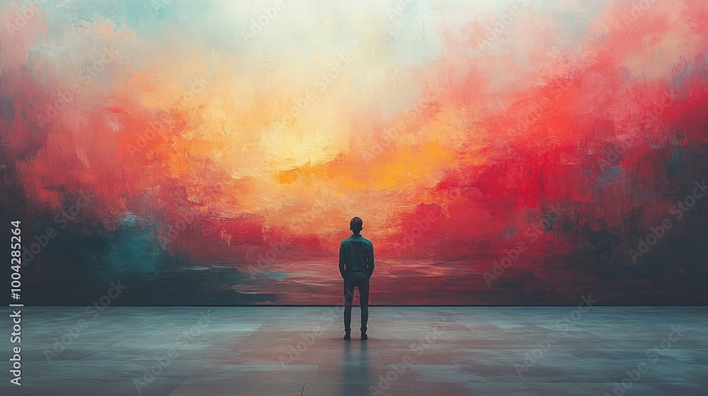 A figure gazes at a vibrant, abstract sunset mural. A figure gazes at a vibrant, abstract sunset mural.