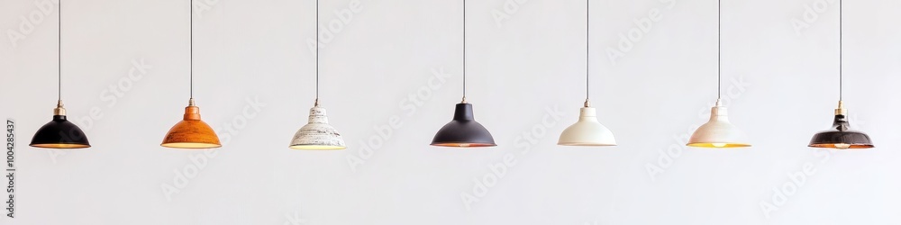 A row of lamps with different colored shades hanging from the ceiling A row of lamps with different colored shades hanging from the ceiling