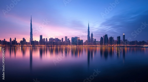 Dawn breaks over the city, casting a gentle glow on the skyline. Skyscrapers rise majestically, mirrored in the still waters below, creating a tranquil atmosphere