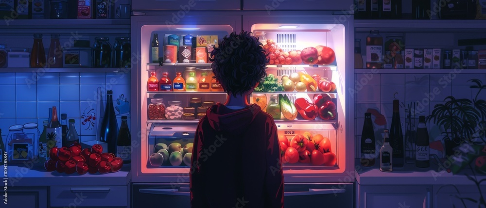 A boy in a stylish kitchen at night, pondering over a brightly lit fridge filled with food and drinks. The scene conveys a serene, reflective atmosphere amidst the colorful setting. A boy in a stylish kitchen at night, pondering over a brightly lit fridge filled with food and drinks. The scene conveys a serene, reflective atmosphere amidst the colorful setting.