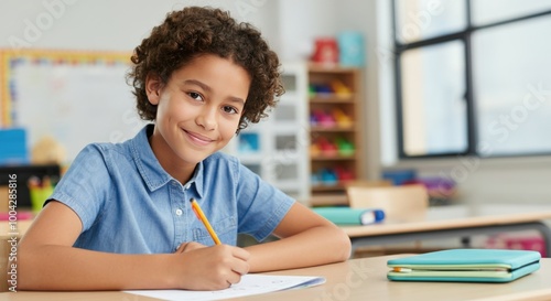 Happy child studying in classroom