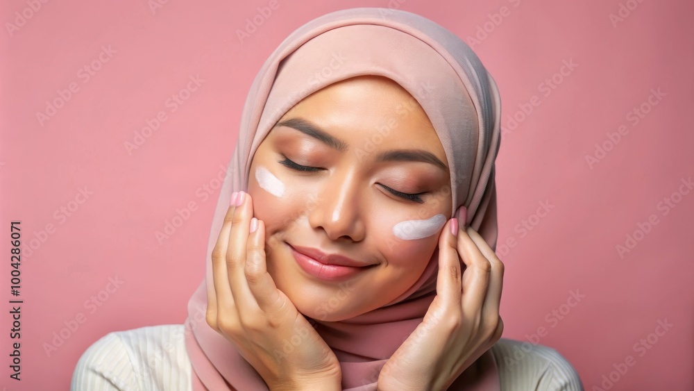 Serene Woman in Hijab Applying Creamy Facial Product During Self-Care Routine with Pink Background Serene Woman in Hijab Applying Creamy Facial Product During Self-Care Routine with Pink Background