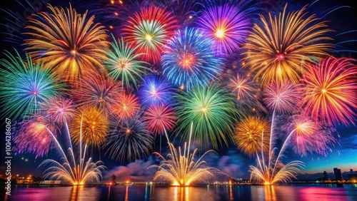 Explosive Impact of Colorful Fireworks Lighting Up the Night Sky in a Stunning Display of Celebration