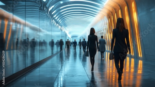 A group of people walking down a long hallway in a subway station