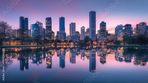 The skyline of a bustling city awakens at dawn, with skyscrapers illuminated by soft hues, their reflections shimmering in the still waters of a nearby lake