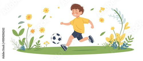 A cheerful boy in a yellow shirt runs with a soccer ball in a vibrant, flower-filled landscape.