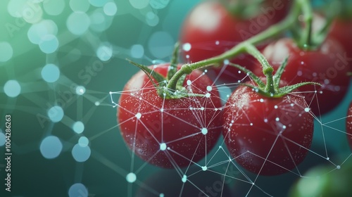 In a digital network overlay, red tomatoes symbolizing precision agriculture are ripe on a vine. photo