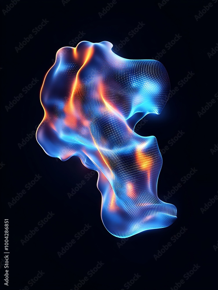 Abstract liquid shape with vibrant colors illuminated against a black background. A minimalist poster in metallic and chrome gradient style. Abstract liquid shape with vibrant colors illuminated against a black background. A minimalist poster in metallic and chrome gradient style.