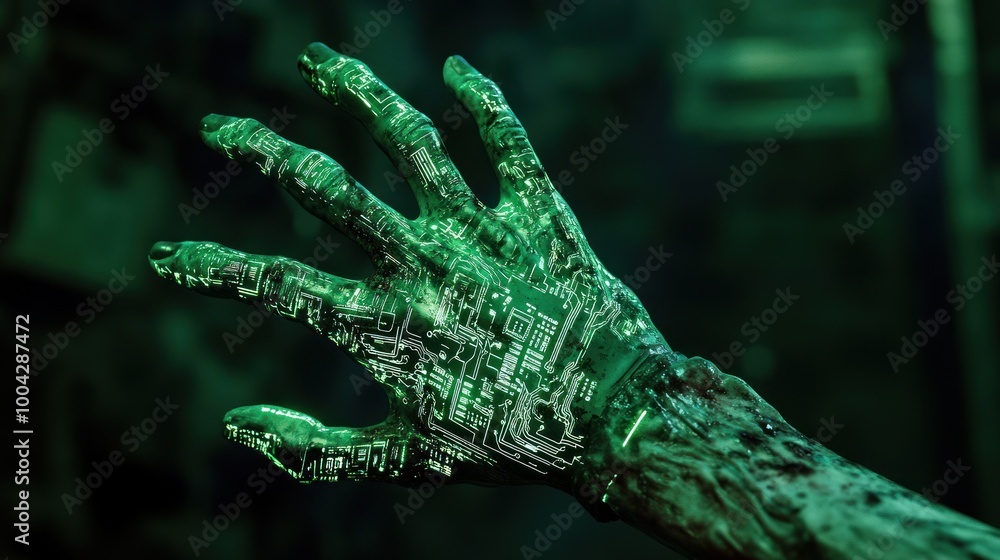 Hand with radiant circuits showcasing a tech future. Hand with radiant circuits showcasing a tech future.