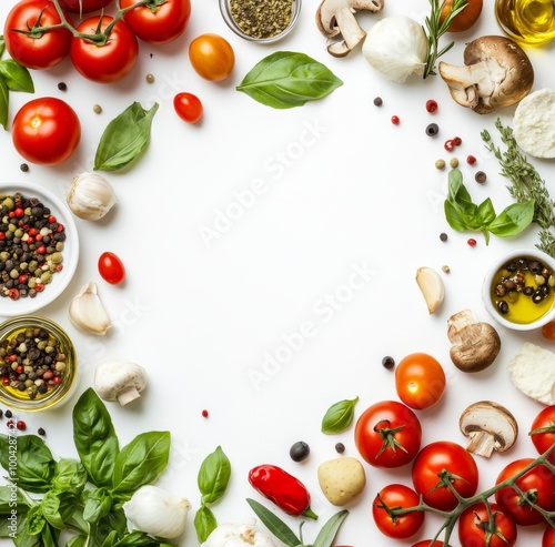 Fresh, ripe fruits and vegetables arranged in a colorful frame, perfect for a healthy vegetarian diet