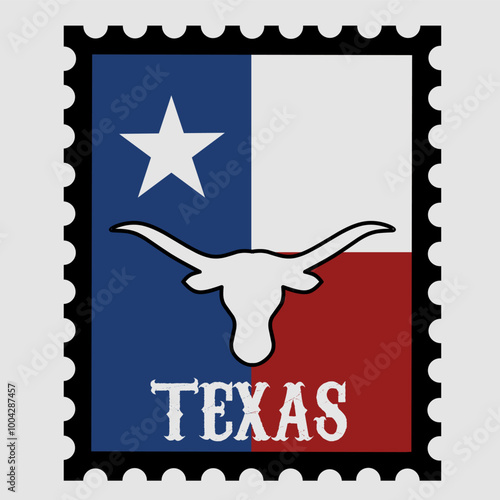 Texas Stamp Design with Lone Star Flag and Longhorn Symbol