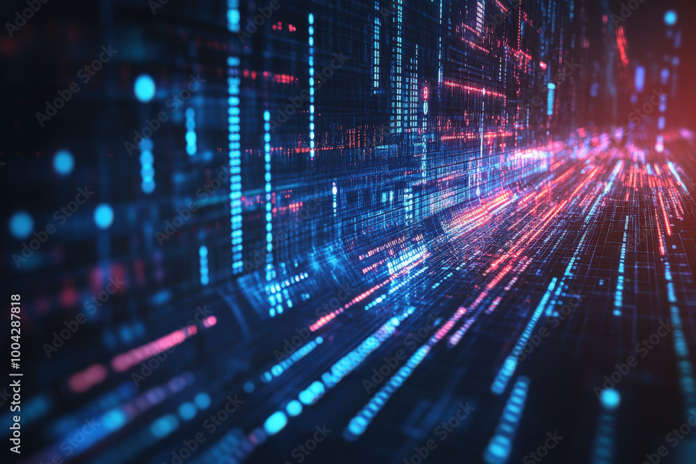 Vibrant digital streams of data illuminate the virtual landscape in deep blue and bright red hues. Generative AI Vibrant digital streams of data illuminate the virtual landscape in deep blue and bright red hues. Generative AI