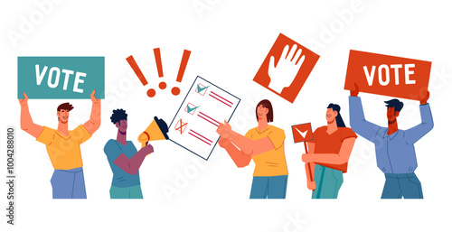 Democratic voting banner design. Human rights, elections and social equality concept, flat vector illustration isolated on white background. Woman convinces to give the ballot for the candidate.
