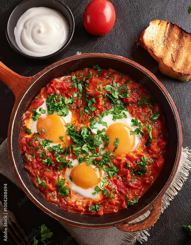 Shakshuka with tomatoes, onion and parsley in a pan Shakshuka with tomatoes, onion and parsley in a pan