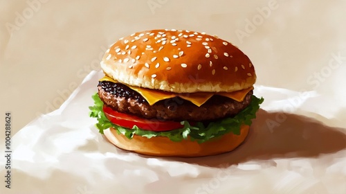 Hamburger buatan sendiri yang lezat dengan daging sapi, bawang merah, tomat, selada dan keju. Burger segar dekat pada meja pedesaan kayu dengan kentang goreng. Burger keju. Burger. generative ai photo