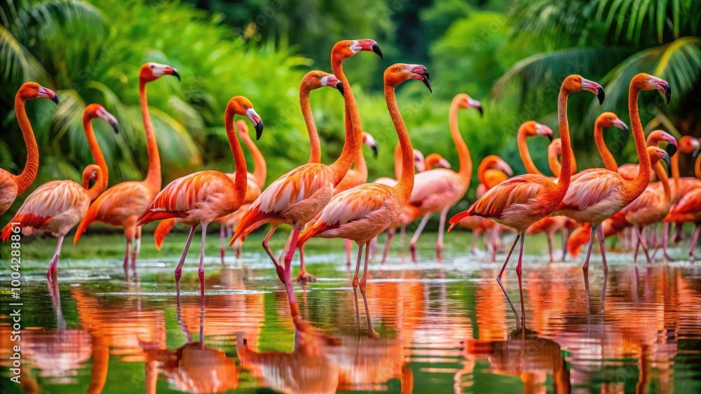 Naklejka premium Flock of Caribbean Flamingos Standing Gracefully in a Lush Green Water Pond - 4K UHD Video Footage