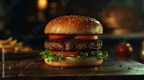 Hamburger buatan sendiri yang lezat dengan daging sapi, bawang merah, tomat, selada dan keju. Burger segar dekat pada meja pedesaan kayu dengan kentang goreng. Burger keju. Burger. generative ai photo