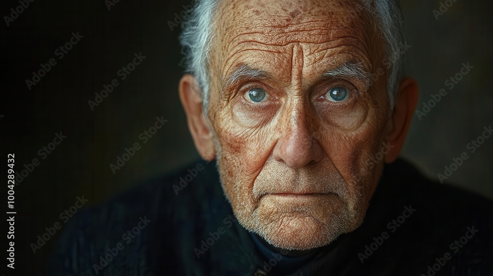 Obraz premium portrait of an old man with deep wrinkles wise eyes and a gentle expression embodying a lifetime of experiences and stories set against a soft background that enhances his dignified presence
