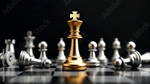 Golden King Chess Piece on Board with Silver Opponents