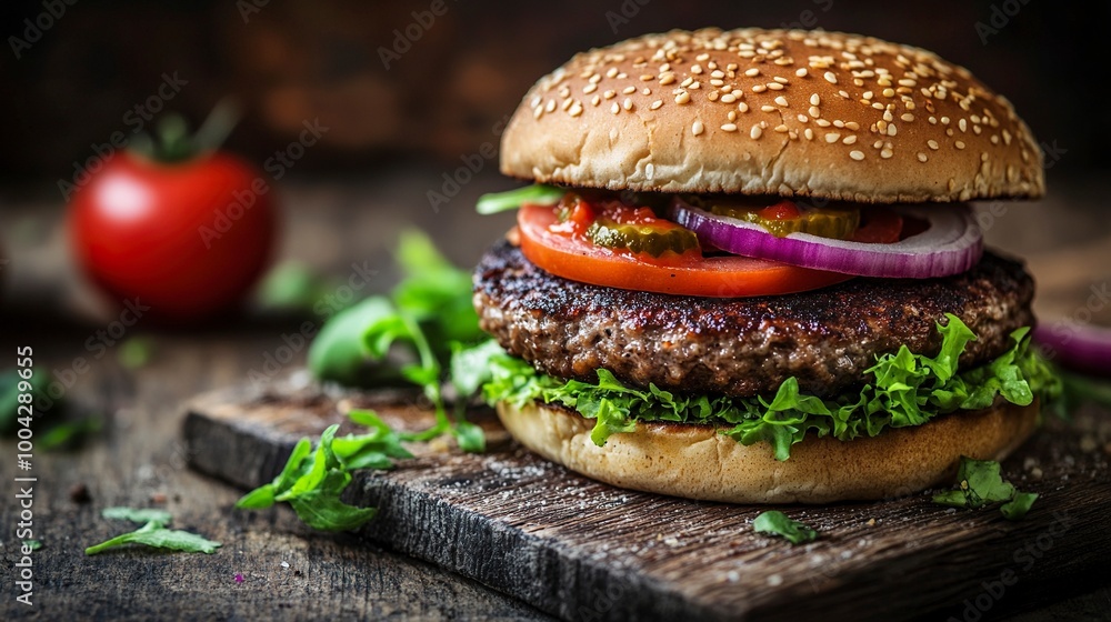Hamburger buatan sendiri yang lezat dengan daging sapi, bawang merah, tomat, selada dan keju. Burger segar dekat pada meja pedesaan kayu dengan kentang goreng. Burger keju. Burger. generative ai Hamburger buatan sendiri yang lezat dengan daging sapi, bawang merah, tomat, selada dan keju. Burger segar dekat pada meja pedesaan kayu dengan kentang goreng. Burger keju. Burger. generative ai