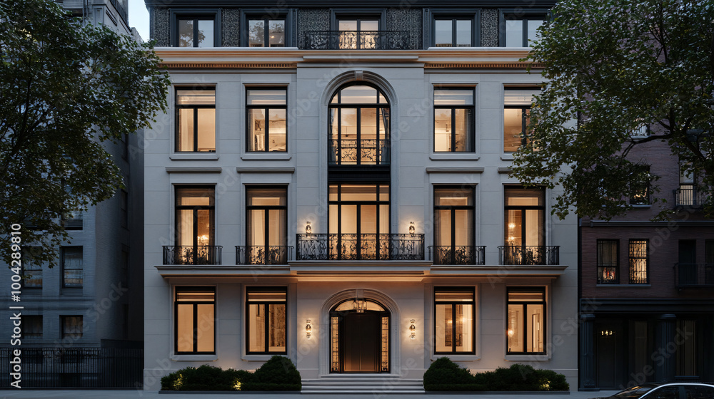 Obraz premium A sophisticated facade with large windows and elegant detailing