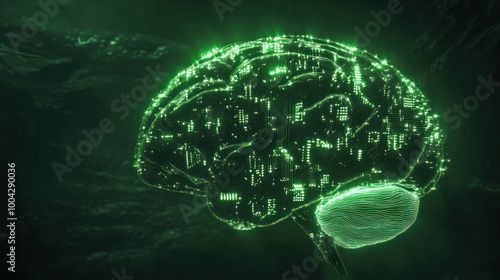 Futuristic green digital brain with circuits, glowing aura photo