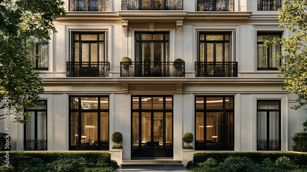 A sophisticated facade with large windows and elegant detailing A sophisticated facade with large windows and elegant detailing