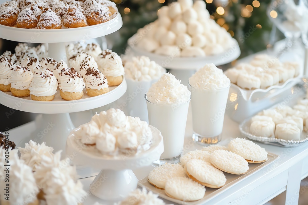 Delightful assortment of white desserts, including cupcakes, cookies, and cream treats, perfect for any celebration or event. Delightful assortment of white desserts, including cupcakes, cookies, and cream treats, perfect for any celebration or event.