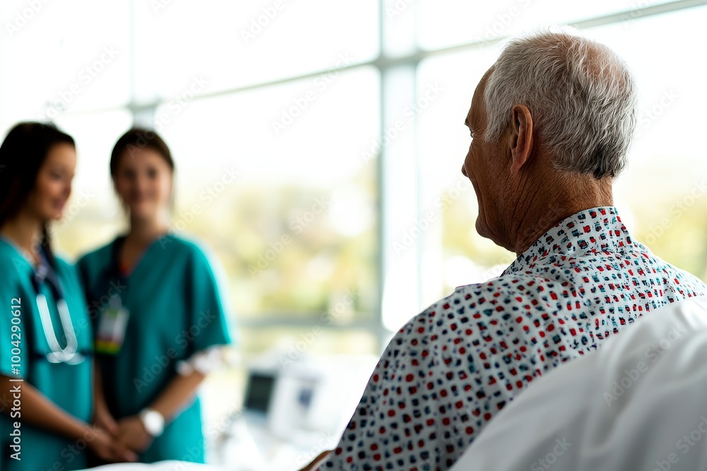 Patient interacting with nurses in a hospital setting. Patient interacting with nurses in a hospital setting.