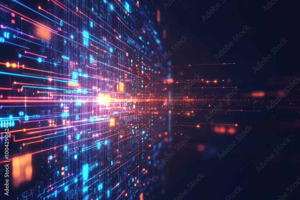 Fototapeta premium Vibrant digital landscape with glowing lines and data streams illuminating the virtual space at night. Generative AI
