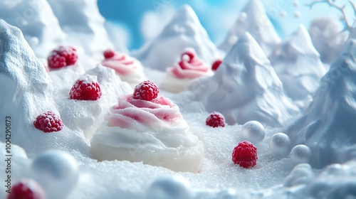 A whimsical dessert landscape featuring peaks of whipped cream and raspberry accents against a snowy backdrop. photo