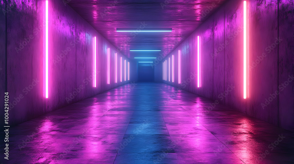 Neon Lights in a Long Concrete Corridor - 3D Illustration Neon Lights in a Long Concrete Corridor - 3D Illustration