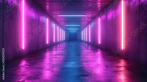 Neon Lights in a Long Concrete Corridor - 3D Illustration