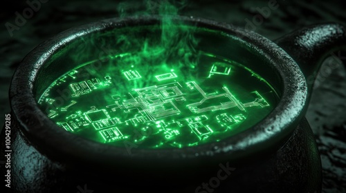 Green glowing circuitry patterns forming in dark cauldron photo