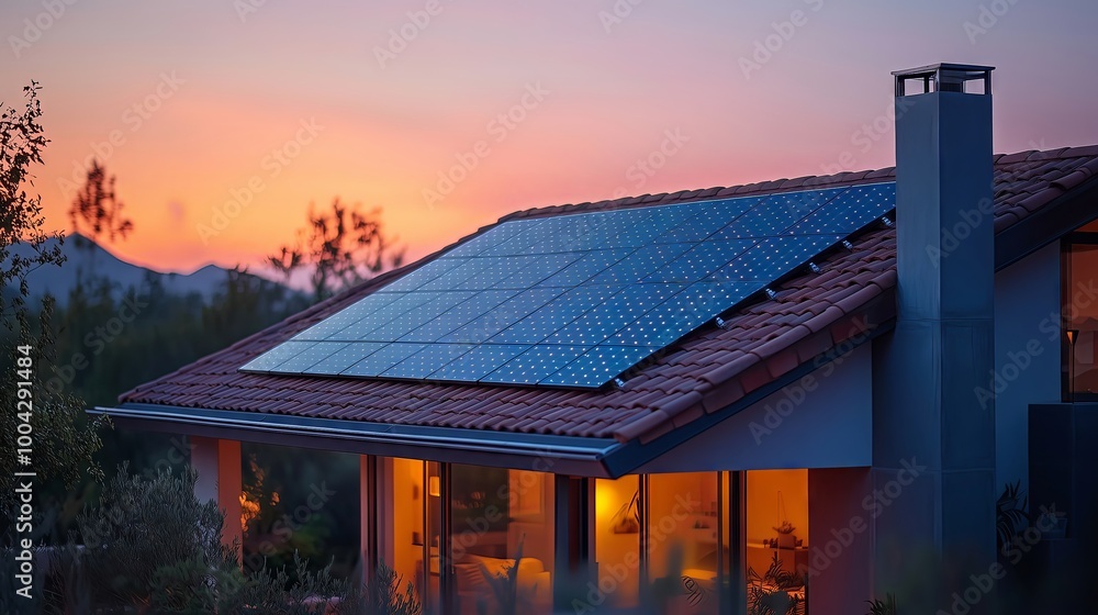 Modern house with solar panels generating power at sunset Modern house with solar panels generating power at sunset