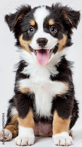 Pet store illustration showing a playful puppy with a wagging tail, sitting on a light background with space for promotional text