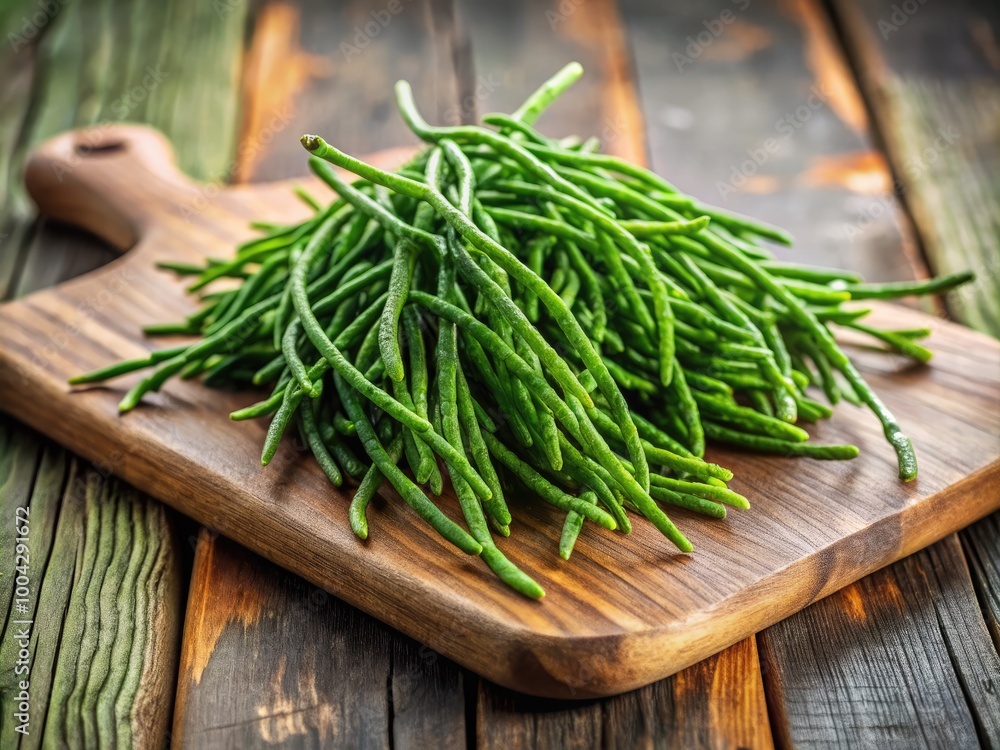 Fresh Raw Green Samphire on Wooden Board Ready for Cooking or Garnishing Healthy Dishes and Salads Fresh Raw Green Samphire on Wooden Board Ready for Cooking or Garnishing Healthy Dishes and Salads