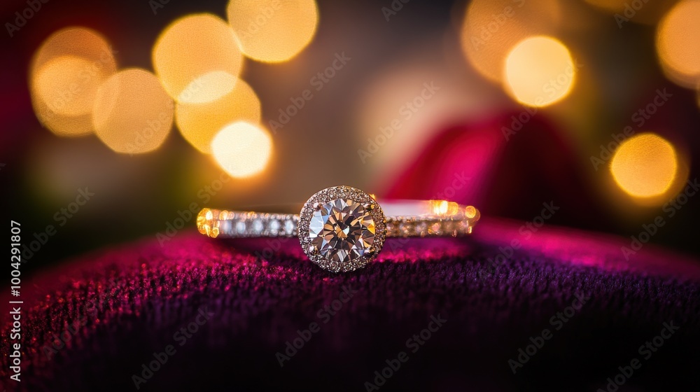 Fototapeta premium The dazzling diamond engagement ring showcases its brilliant centerpiece surrounded by delicate accent stones, set against a background of shimmering lights