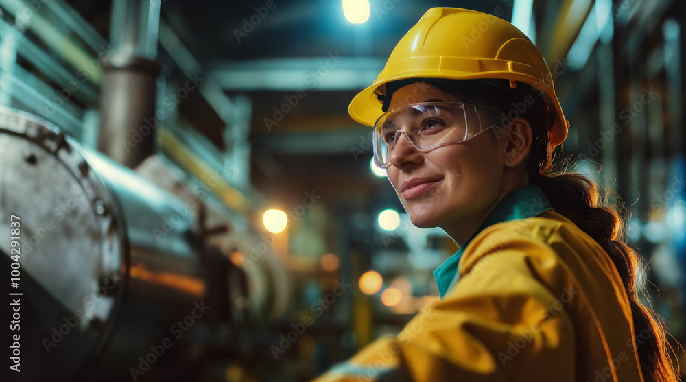 Confident female engineer with hard hat and safety glasses in industrial setting Confident female engineer with hard hat and safety glasses in industrial setting