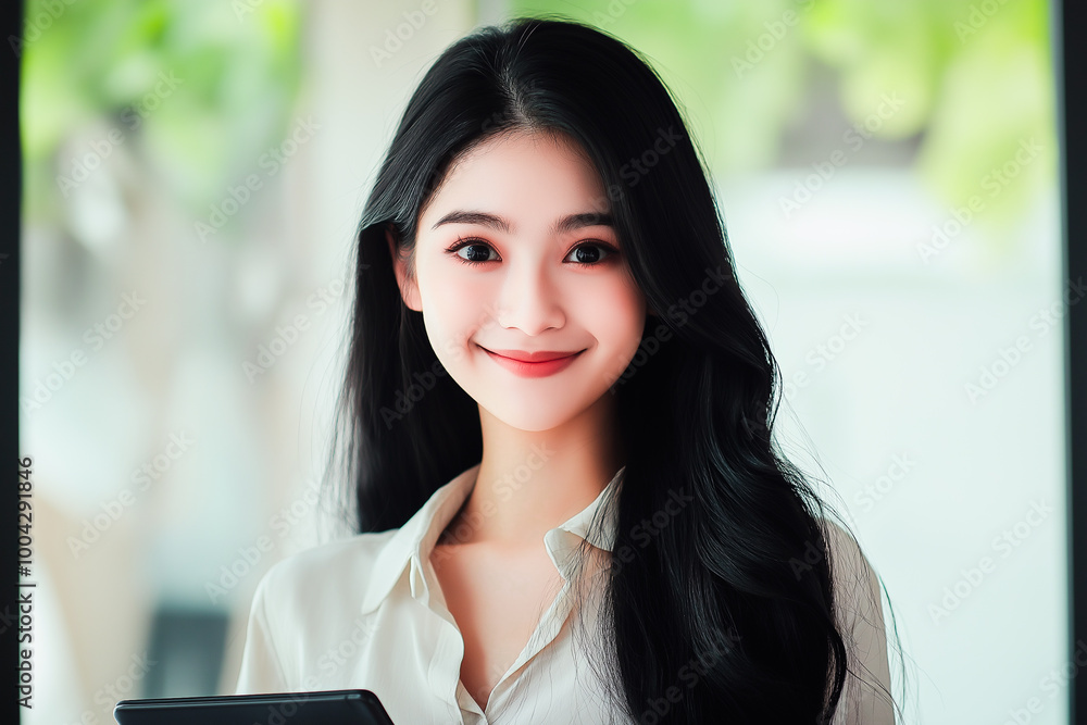 Portrait of a Smiling Young Woman with Tablet in Modern Setting Portrait of a Smiling Young Woman with Tablet in Modern Setting