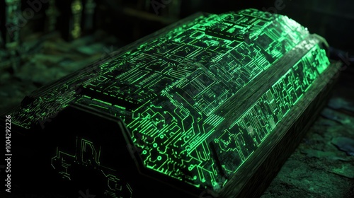 Illuminated green circuit sarcophagus with ancient feel photo