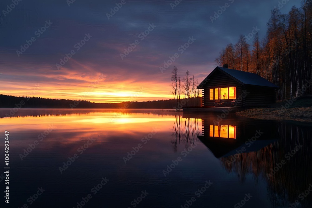 Cozy Rustic Cabin by Serene Lake at Sunset Surrounded by Lush Trees Perfect Retreat Cozy Rustic Cabin by Serene Lake at Sunset Surrounded by Lush Trees Perfect Retreat
