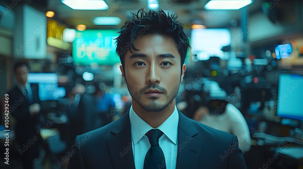 Fototapeta premium A confident businessman stands poised in a bustling office environment, embodying professionalism and determination amid a dynamic backdrop.